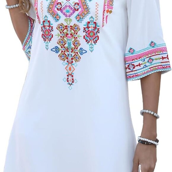 Mexican Boho Embroidered Summer Dress Rayon Floral Beach Casual Women